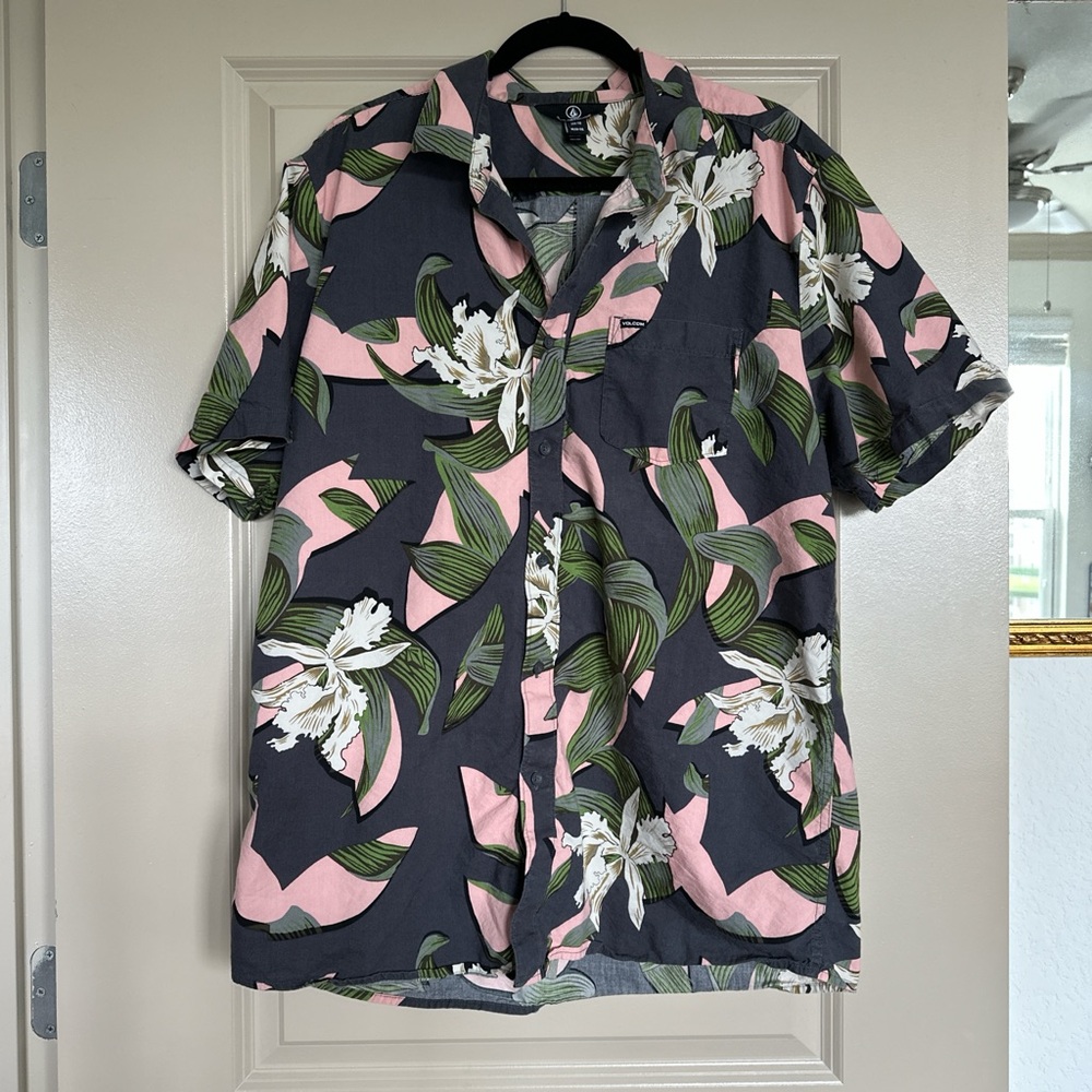 Volcom dark grey and pink floral shirt